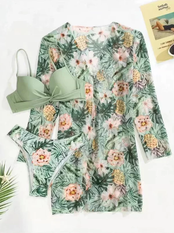 Conjunto de Biquíni Floral Cintura Baixa - 3peças