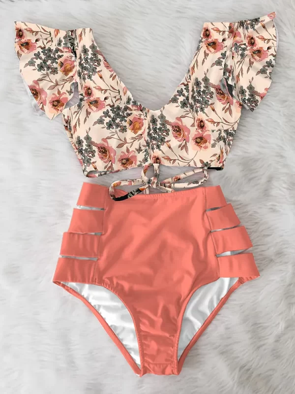 Conjunto de Biquíni Cintura Alta com Babados 2023, Moda Praia Feminina em Duas Peças, Estampa Floral, Decote em V, Roupa de Banho