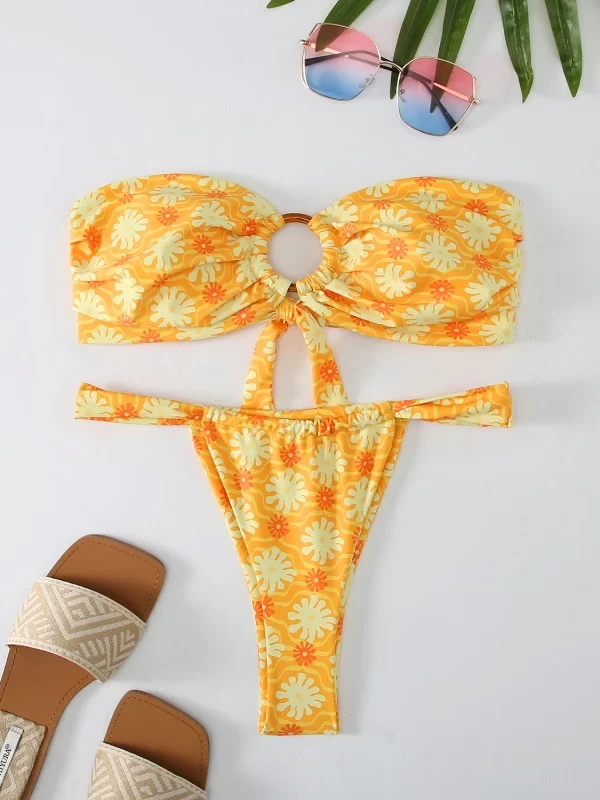 Biquíni Micro com Estampa Floral, Biquíni de Design Simples, Moda Praia Feminina, Conjunto de Biquíni Fio Dental, Maiô para Banho.