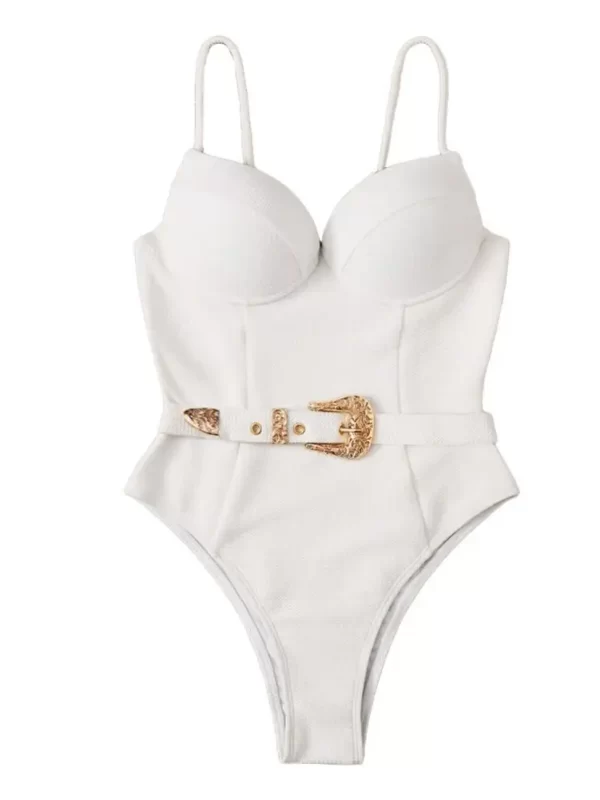 Biquíni Feminino com Aro, Alças Finas, Decote em V, Cor Sólida, Cinto Estilo Sling, Maiô de Uma Peça para Praia ou Viagem