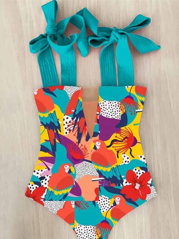 Novo fato de banho sexy de uma peça com alças e estampado de corações, roupa de banho feminina sem costas, moda praia, monoquíni